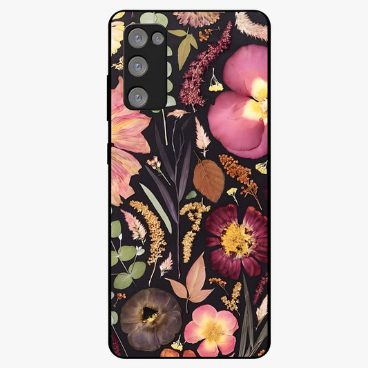 Petal Dream Tapestry Glass Case showing flat back view with intricate floral tapestry artwork and glossy glass finish.