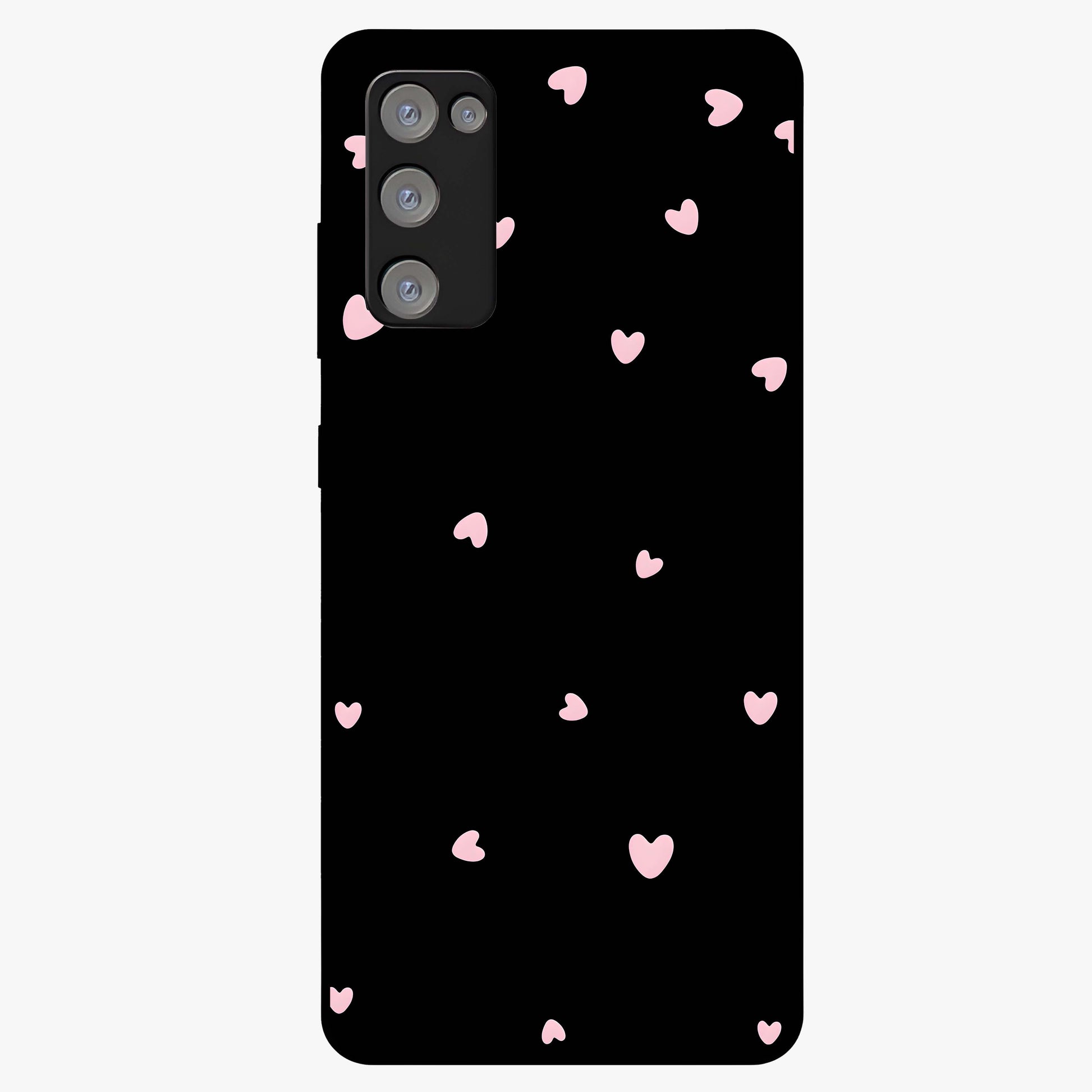 Pink Love Drops Glass Case showing flat back view with playful pink heart drops artwork and glossy glass finish.