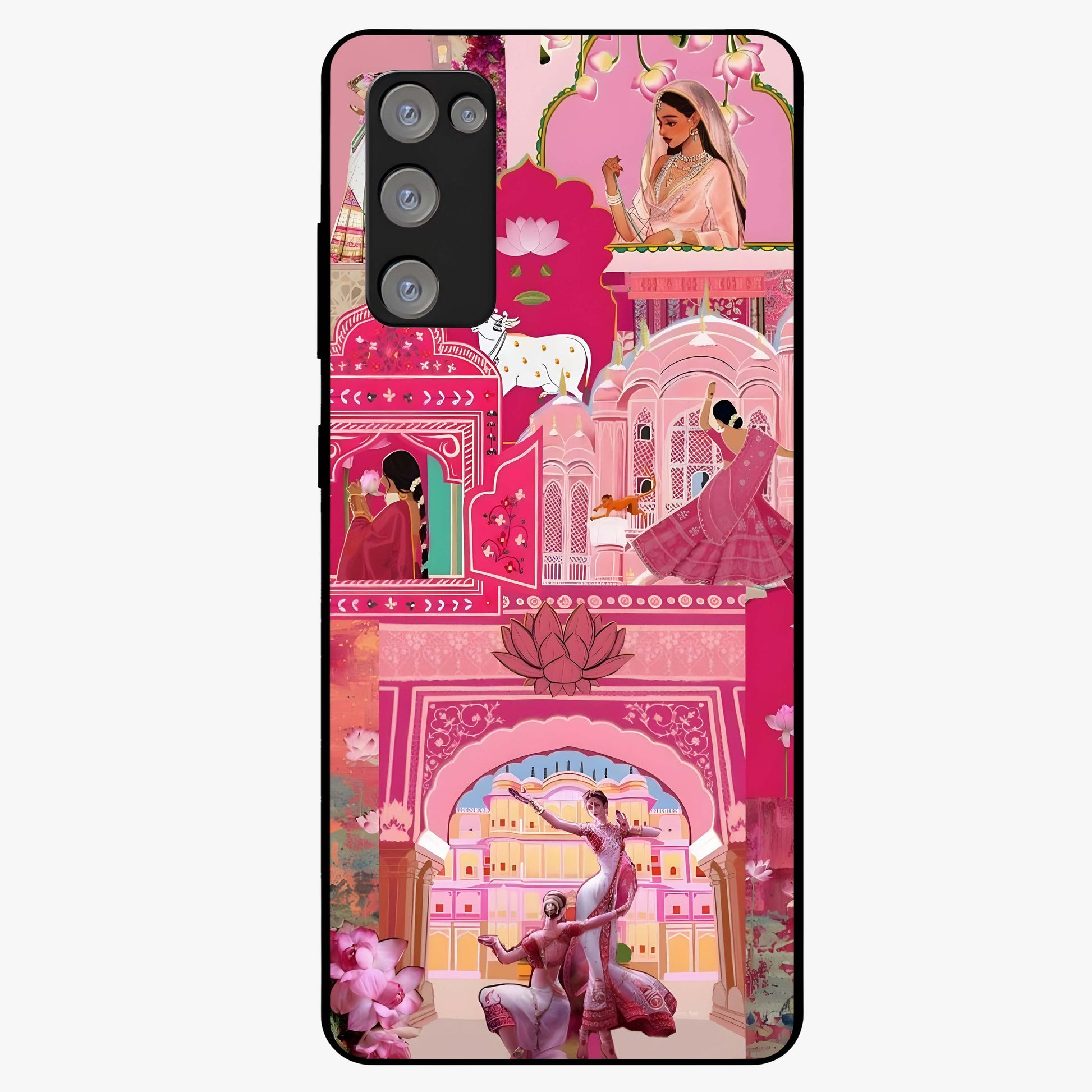 Pink Palace Muse Glass Case showing flat back view with elegant palace inspired artwork and glossy glass finish.