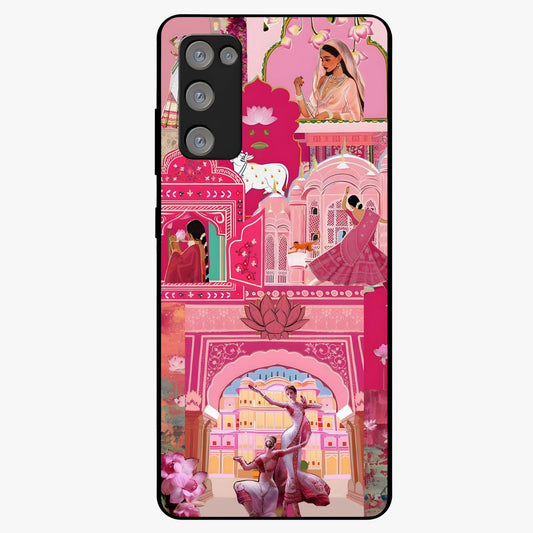 Pink Palace Muse Glass Case showing flat back view with elegant palace inspired artwork and glossy glass finish.