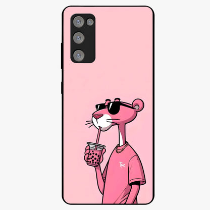 Pink Panther Glass Case showing flat back view with iconic pink panther artwork and glossy glass finish.