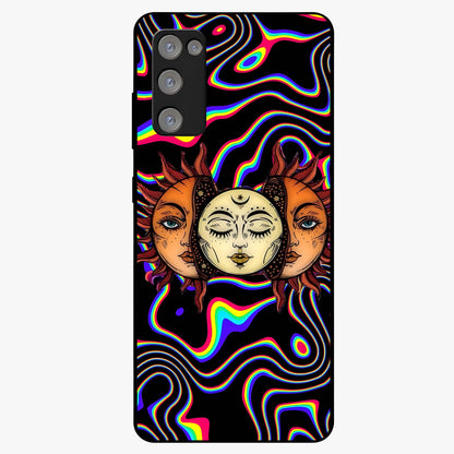 Psychedelic Sun Glass Case showing flat back view with colorful psychedelic sun artwork and glossy glass finish.