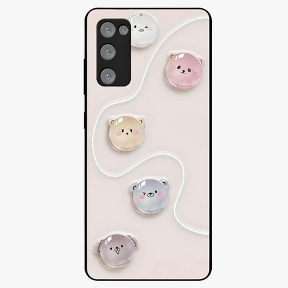 Puffy Face Parade Glass Case showing flat back view with cute puffy character faces artwork and glossy glass finish.