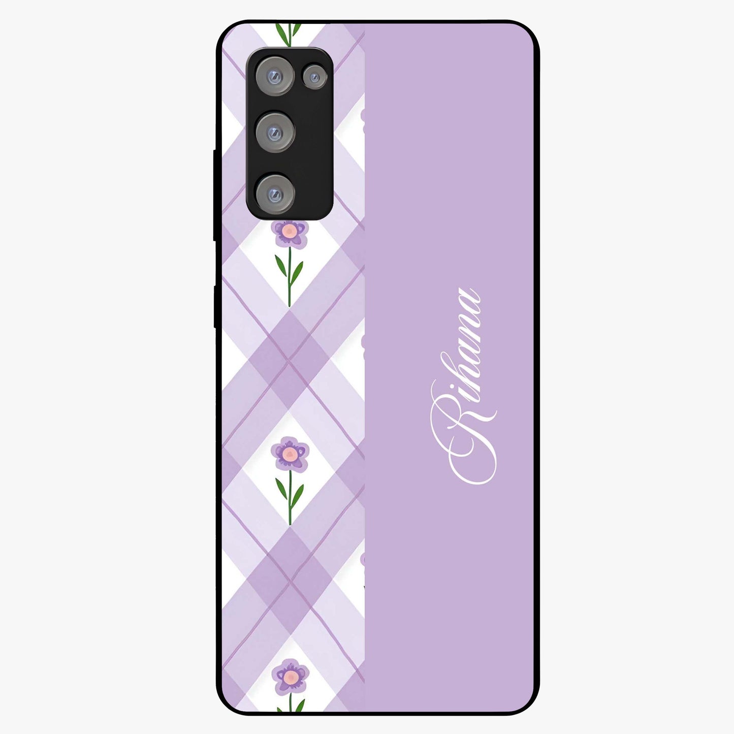 Purple Diamond Floral Glass Case showing flat back view with diamond shaped floral artwork and glossy glass finish.