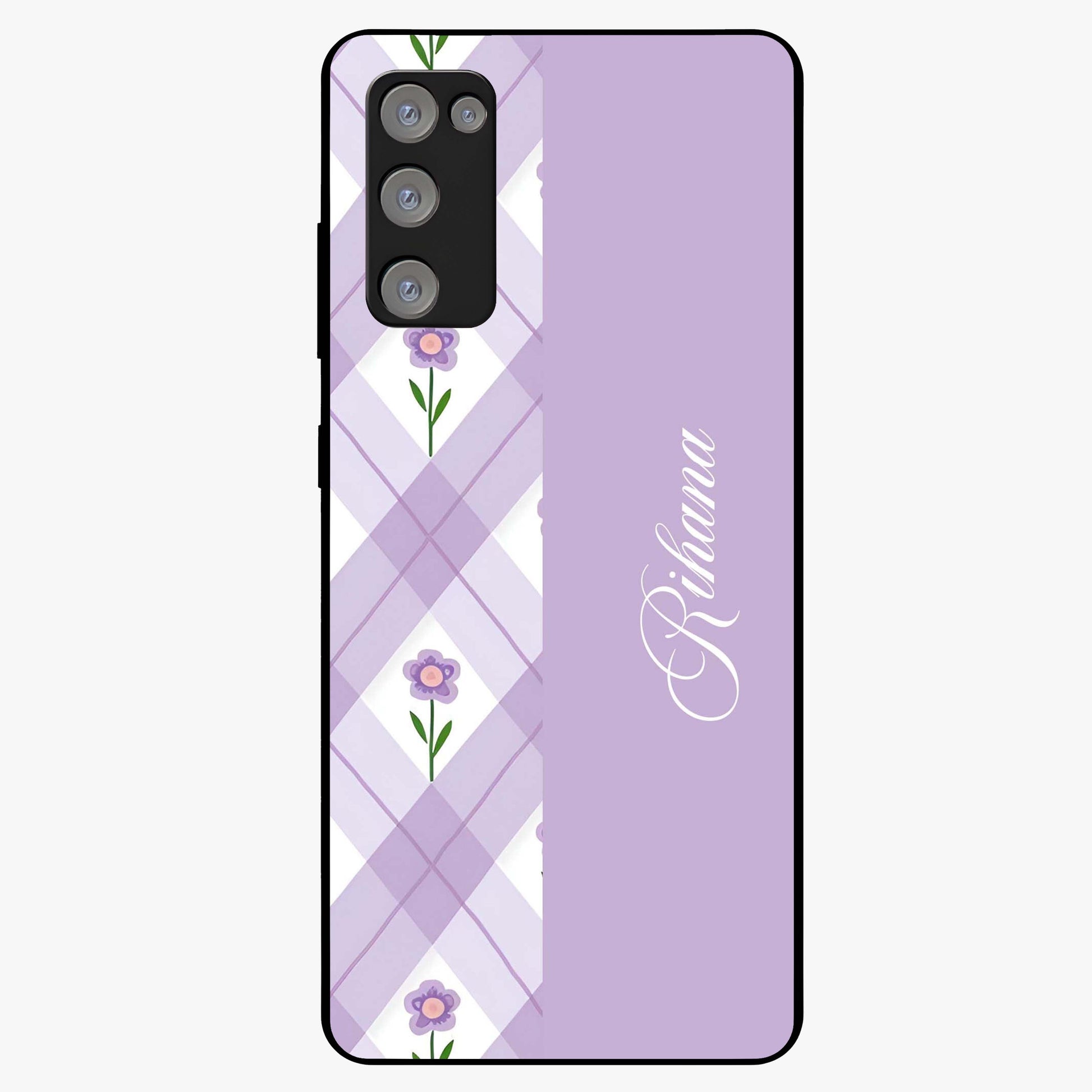 Purple Diamond Floral Glass Case showing flat back view with diamond shaped floral artwork and glossy glass finish.