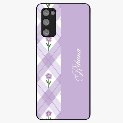 Purple Diamond Floral Glass Case showing flat back view with diamond shaped floral artwork and glossy glass finish.