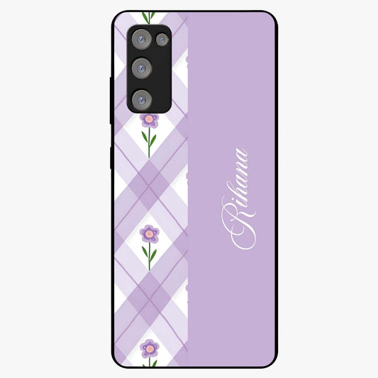 Purple Diamond Floral Glass Case showing flat back view with diamond shaped floral artwork and glossy glass finish.