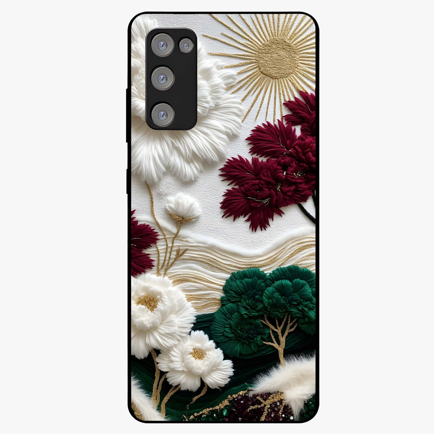 Radiant Bloom Elegance Glass Case showing flat back view with elegant blooming flower artwork and glossy glass finish.