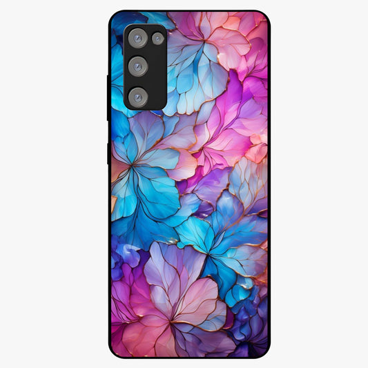 Radiant Floral Whirl Glass Case showing flat back view with swirling floral artwork and glossy glass finish.