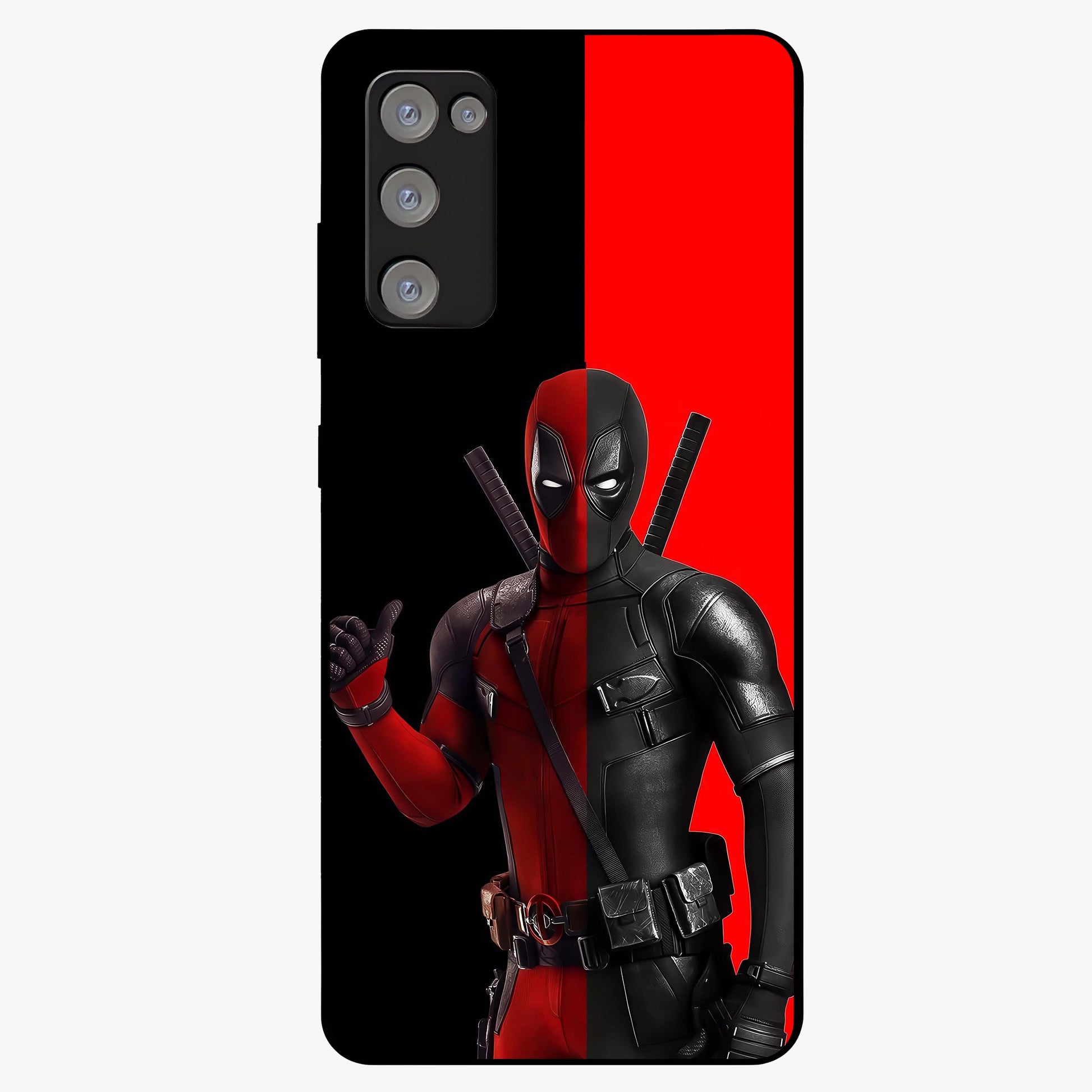 Red & Black Deadpool Theme Glass Case showing flat back view with bold comic inspired artwork and glossy glass finish.