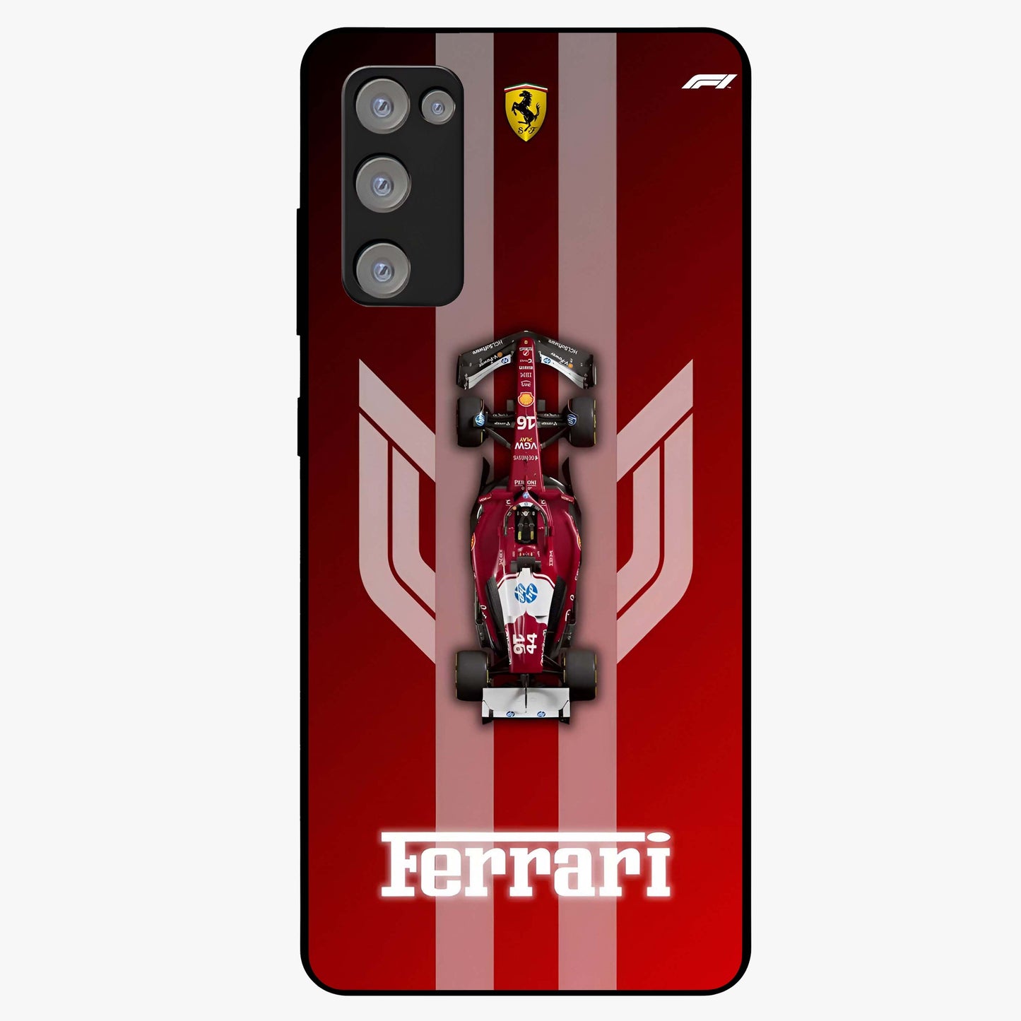 Red Ferrari F1 Vertical Glass Case showing flat back view with sleek Formula racing car artwork and glossy glass finish.