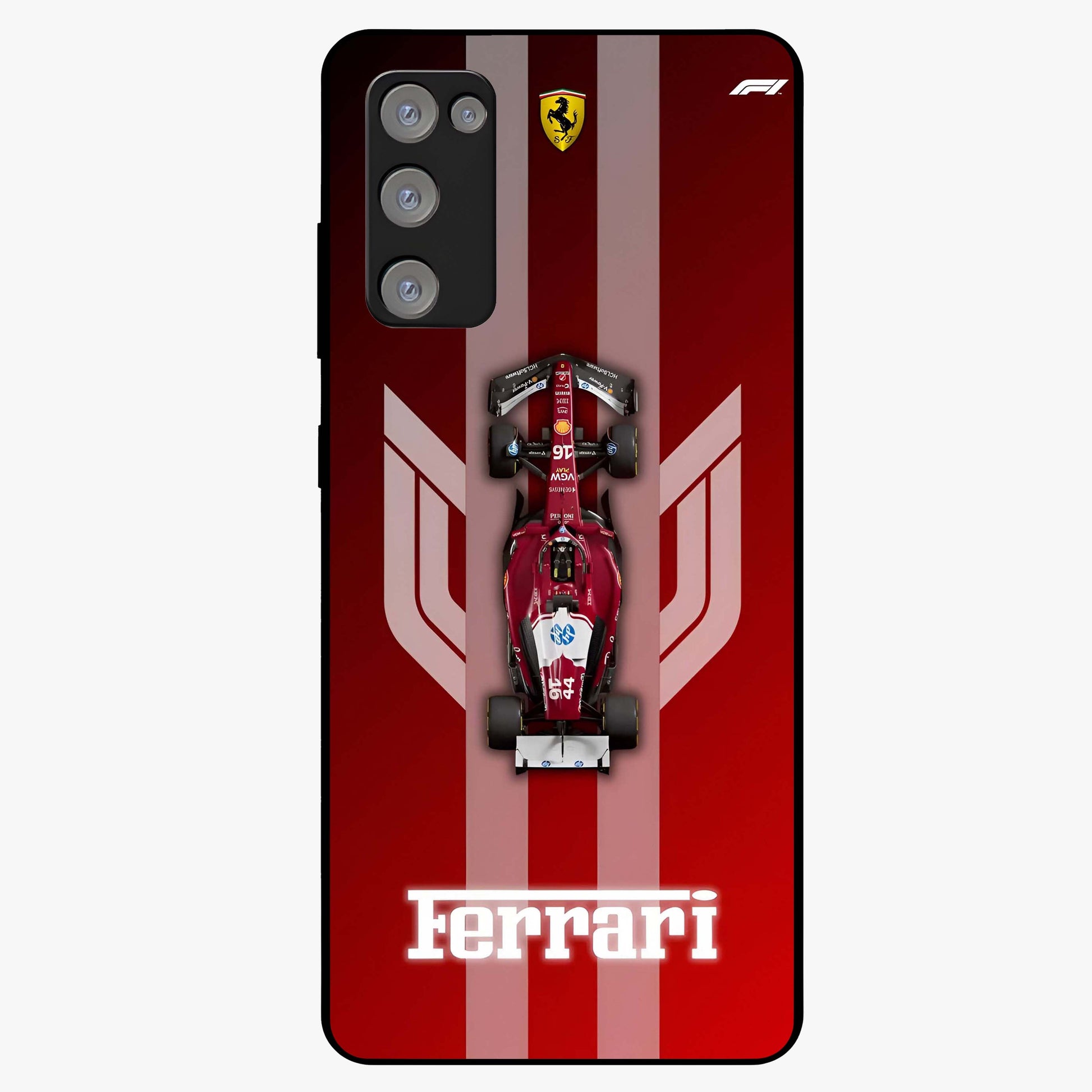 Red Ferrari F1 Vertical Glass Case showing flat back view with sleek Formula racing car artwork and glossy glass finish.