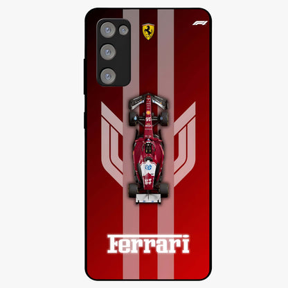Red Ferrari F1 Vertical Glass Case showing flat back view with sleek Formula racing car artwork and glossy glass finish.