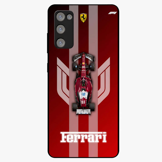 Red Ferrari F1 Vertical Glass Case showing flat back view with sleek Formula racing car artwork and glossy glass finish.