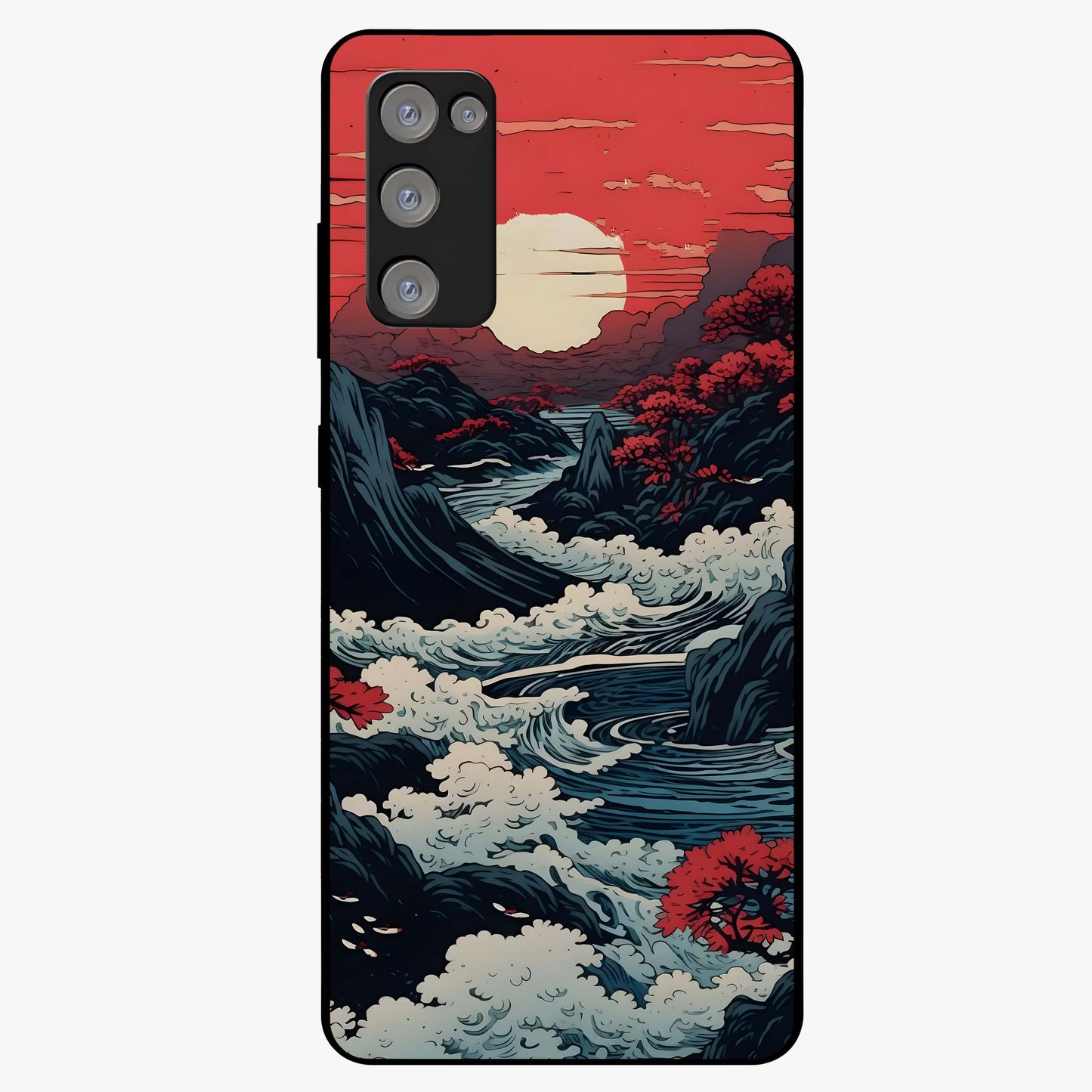 Red Sunset Scenery Glass Case showing flat back view with vibrant sunset landscape artwork and glossy glass finish.