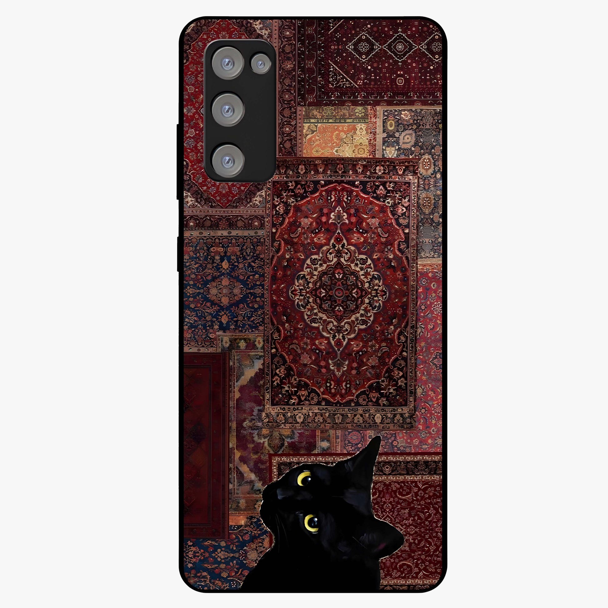 Regal Magic Cat Apple Glass Case showing flat back view with magical cat artwork holding apple and glossy glass finish.