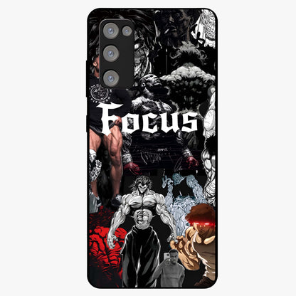 Relentless Power Focus Glass Case showing flat back view with motivational typography artwork and glossy glass finish.