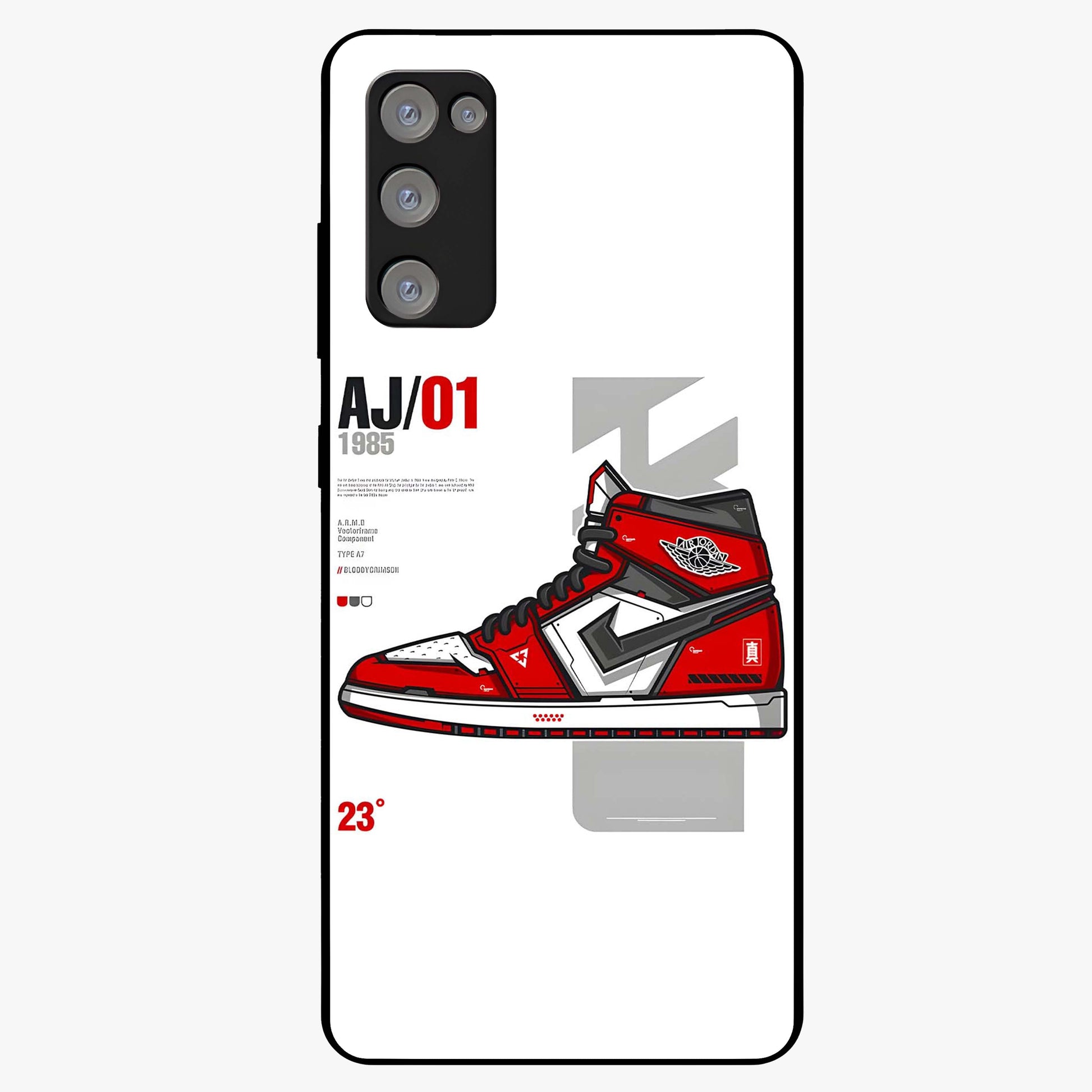 Retro Sneaker Blueprint Glass Case showing flat back view with sneaker blueprint style artwork and glossy glass finish.