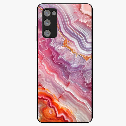 Rose Quartz Marble Glass Case showing flat back view with pink marble quartz texture artwork and glossy glass finish.