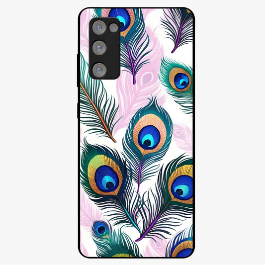 Royal Peacock Feathers Glass Case showing flat back view with colorful peacock feather artwork and glossy glass finish.