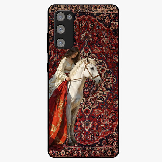 Royal Rider Tapestry Glass Case showing flat back view with majestic horse rider tapestry artwork and glossy glass finish.