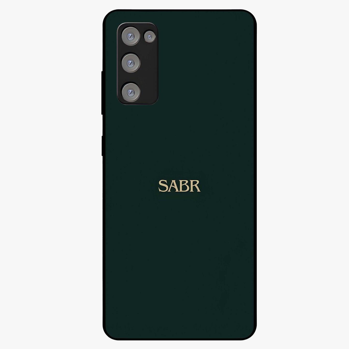 Sabr Minimal Patience Glass Case showing flat back view with minimalist typography artwork and glossy glass finish.