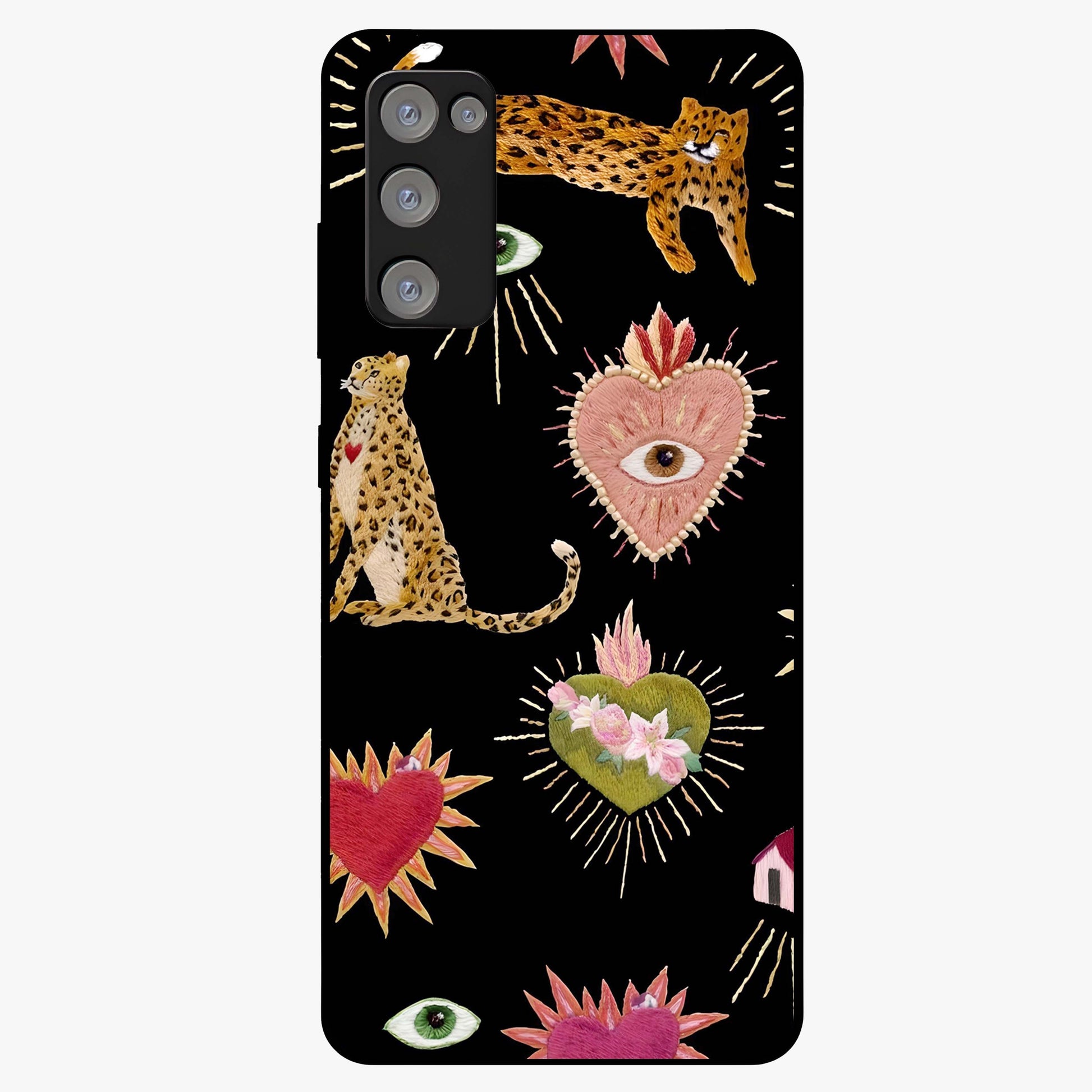 Sacred Jungle Heart Glass Case showing flat back view with jungle inspired heart artwork and glossy glass finish.