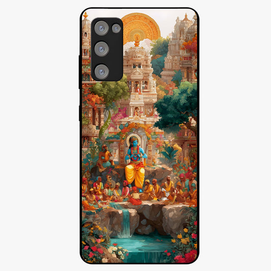 Sacred Sunlight Gods Glass Case showing flat back view with divine sunlight themed artwork and glossy glass finish.