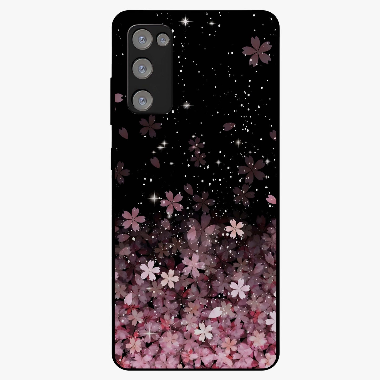 Small Starry Flowers Glass Case showing flat back view with delicate starry floral artwork and glossy glass finish.