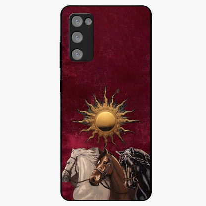 Solar Riders Glass Case showing flat back view with dynamic rider themed artwork and glossy glass finish.