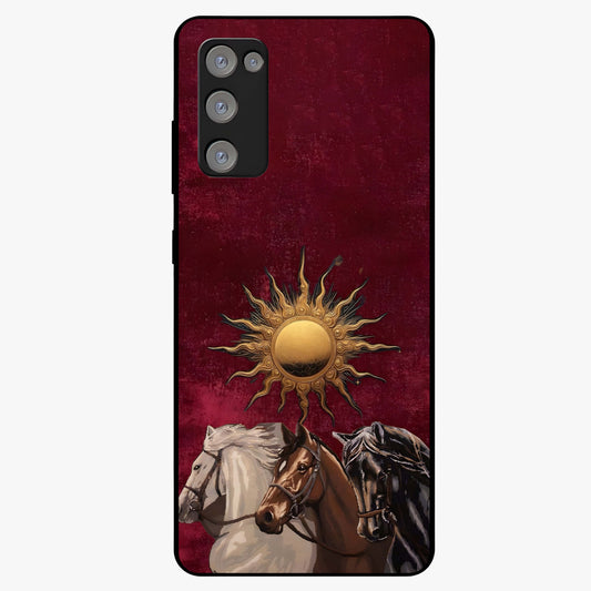 Solar Riders Glass Case showing flat back view with dynamic rider themed artwork and glossy glass finish.
