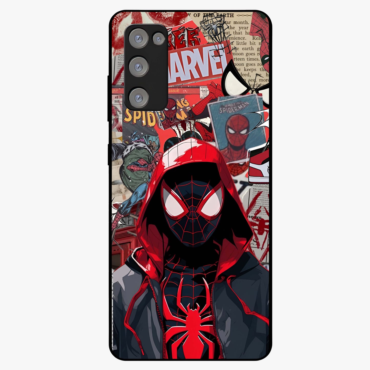 Spider Collage Street Glass Case showing flat back view with vibrant superhero collage artwork and glossy glass finish.