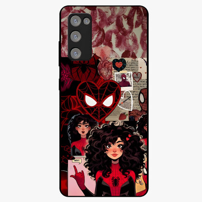 Spider Love Story Glass Case showing flat back view with romantic superhero themed artwork and glossy glass finish.