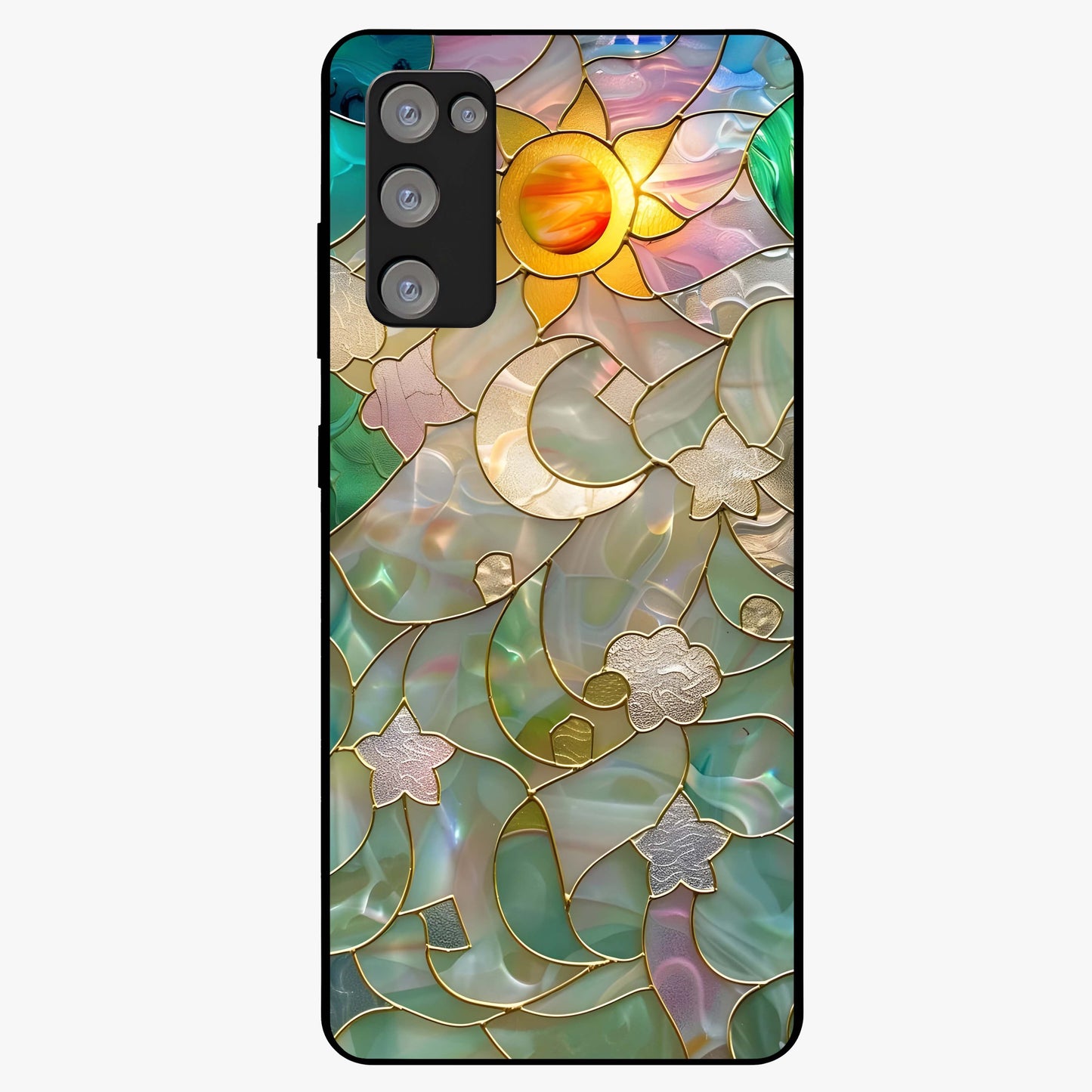 Stained Sunrise Glow Glass Case showing flat back view with glowing sunrise stained pattern artwork and glossy glass finish.