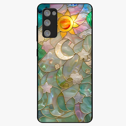 Stained Sunrise Glow Glass Case showing flat back view with glowing sunrise stained pattern artwork and glossy glass finish.