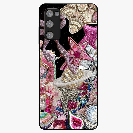 Starlit Jewel Dream Glass Case showing flat back view with sparkling jewel and star themed artwork and glossy glass finish.