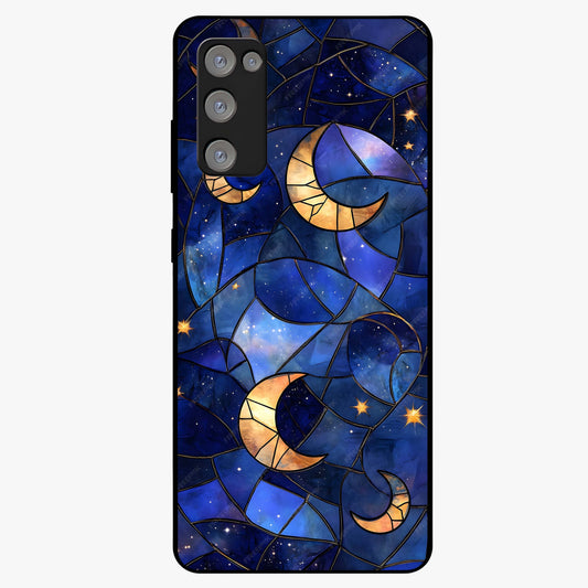 Starlit Sky Tapestry Glass Case showing flat back view with decorative starry sky tapestry artwork and glossy glass finish.