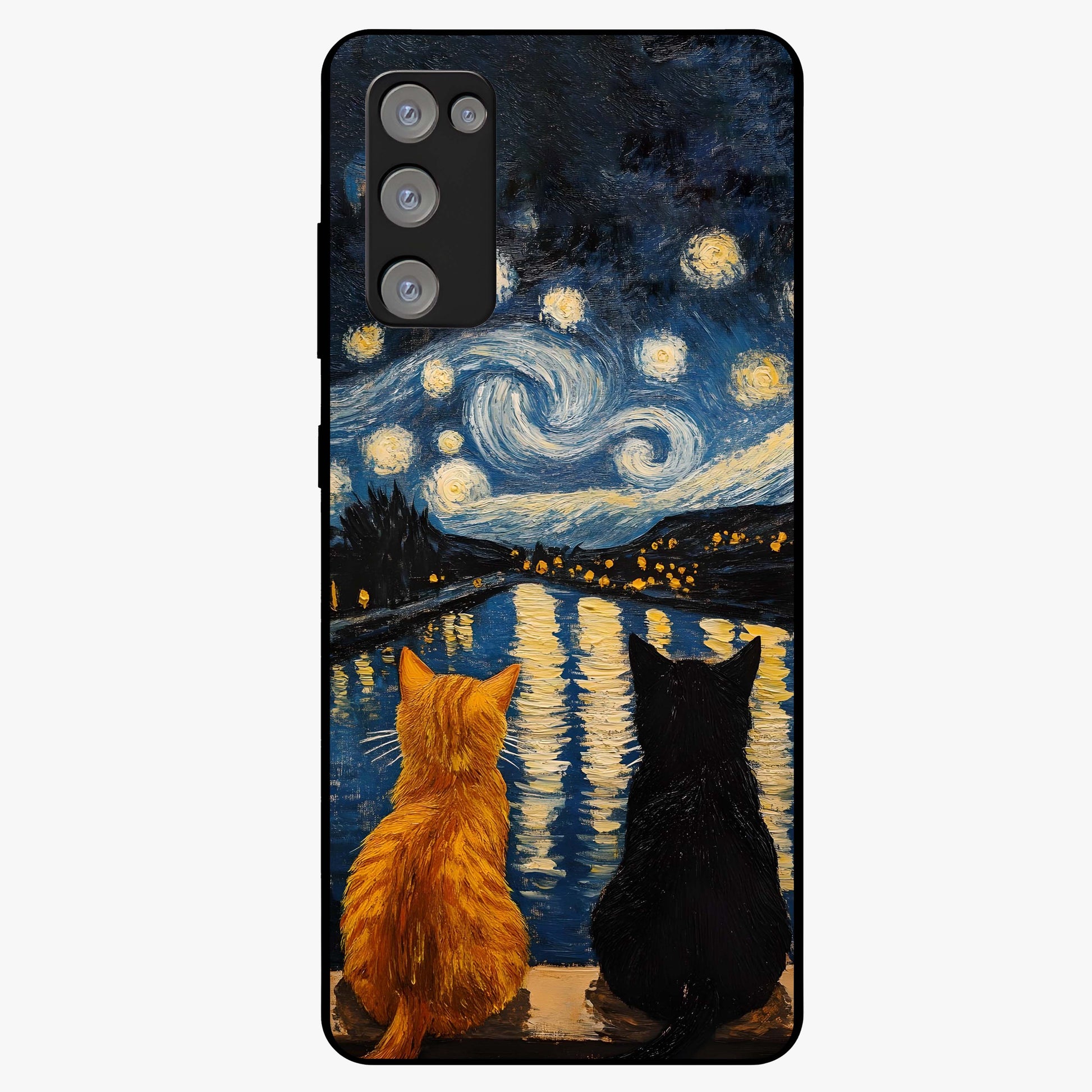 Starry River Cats Glass Case showing flat back view with cats by a starry river artwork and glossy glass finish.