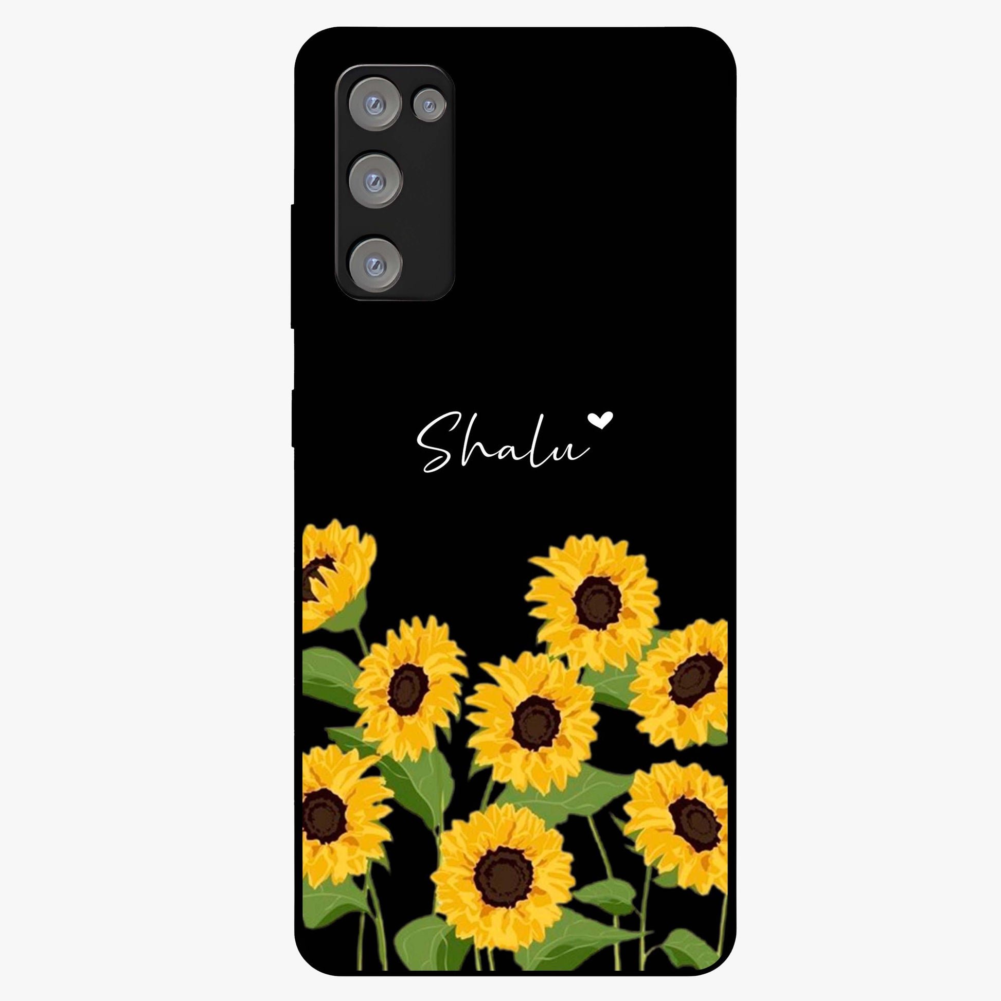 Sunflower Chic Mood Custom Name Glass Case showing flat back view with stylish sunflower artwork and personalized name design.
