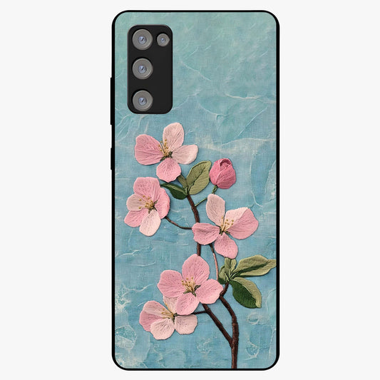 Threaded Blossom Breeze Glass Case showing flat back view with delicate blossom artwork and glossy glass finish.
