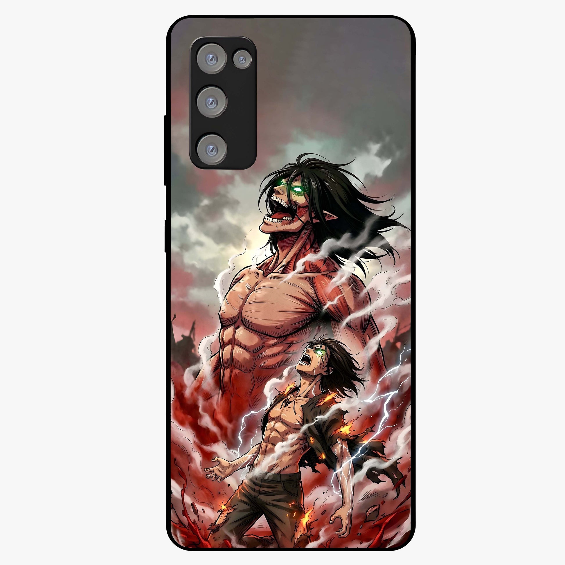 Titan Awakening Fury Glass Case showing flat back view with powerful titan inspired artwork and glossy glass finish.