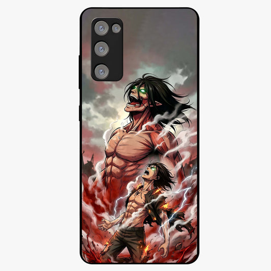Titan Awakening Fury Glass Case showing flat back view with powerful titan inspired artwork and glossy glass finish.