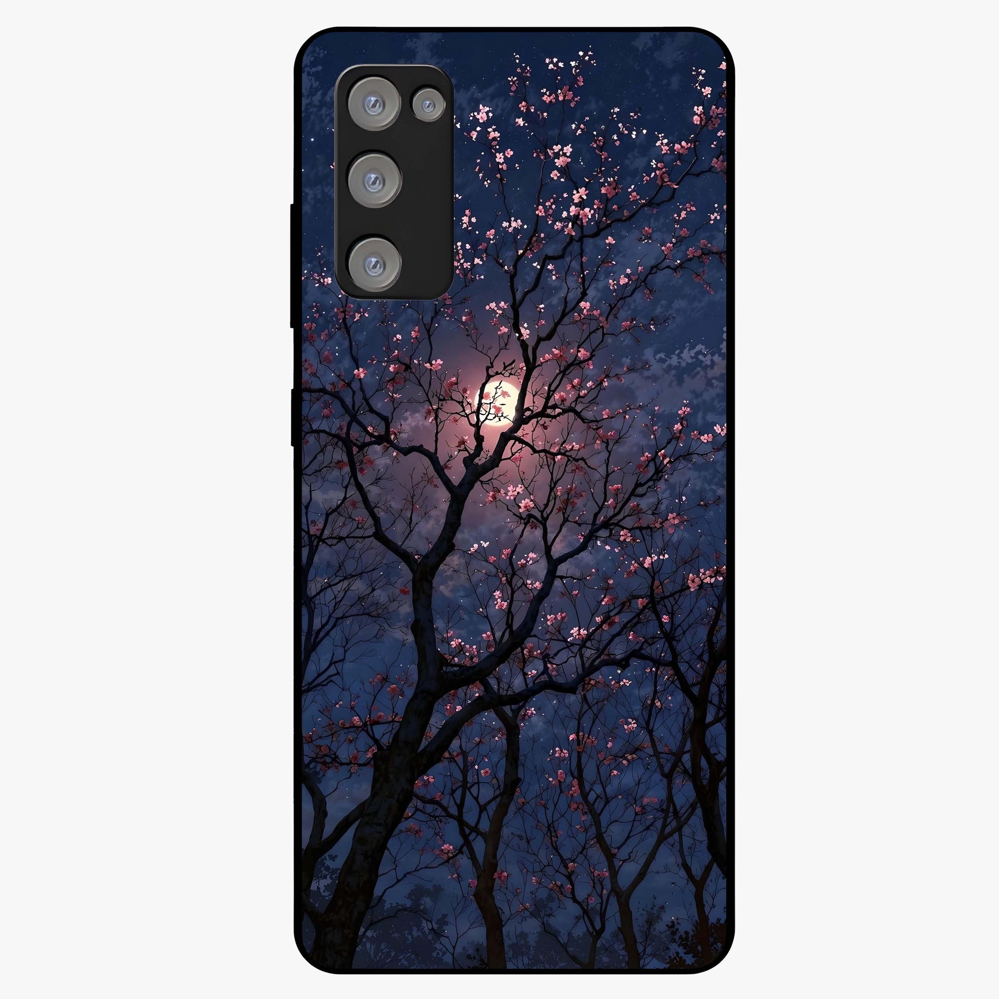 Twilight Sakura Serenade Glass Case showing flat back view with cherry blossom artwork at twilight and glossy glass finish.