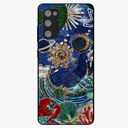 Universe Underwater Spark Glass Case showing flat back view with cosmic underwater themed artwork and glossy glass finish.