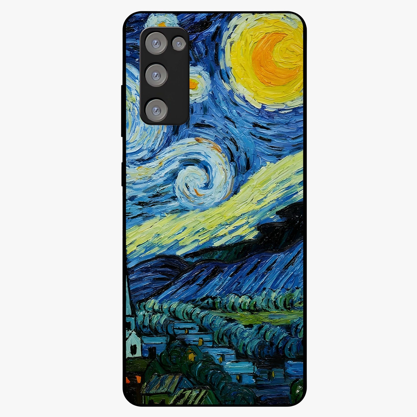 Van Gogh Art Glass Case showing flat back view with classic painterly artwork inspired by Van Gogh style and glossy glass finish.