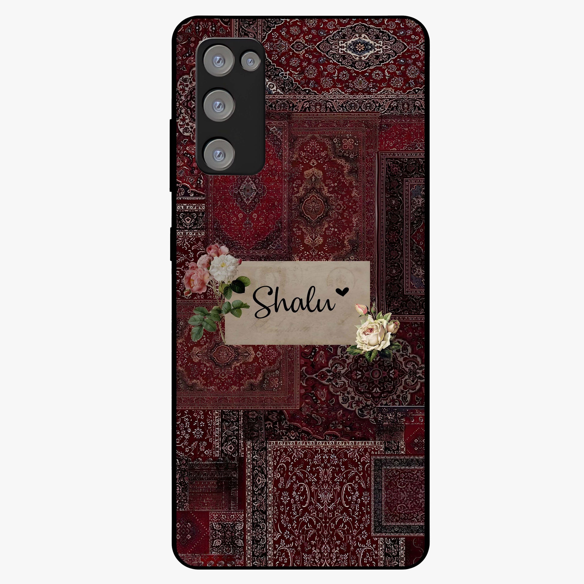 Velvet Wine Pattern Custom Name Glass Case showing flat back view with elegant wine colored pattern artwork and personalized name design.