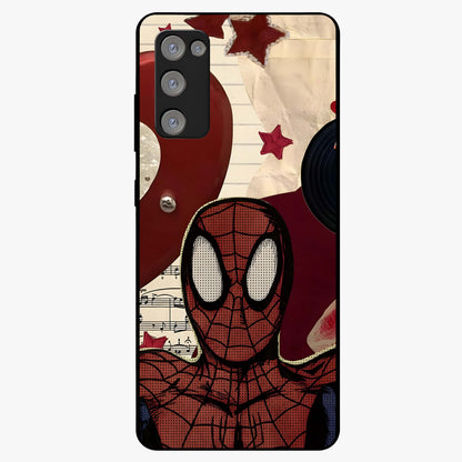 Web Warrior Vibes Glass Case showing flat back view with superhero inspired web themed artwork and glossy glass finish.