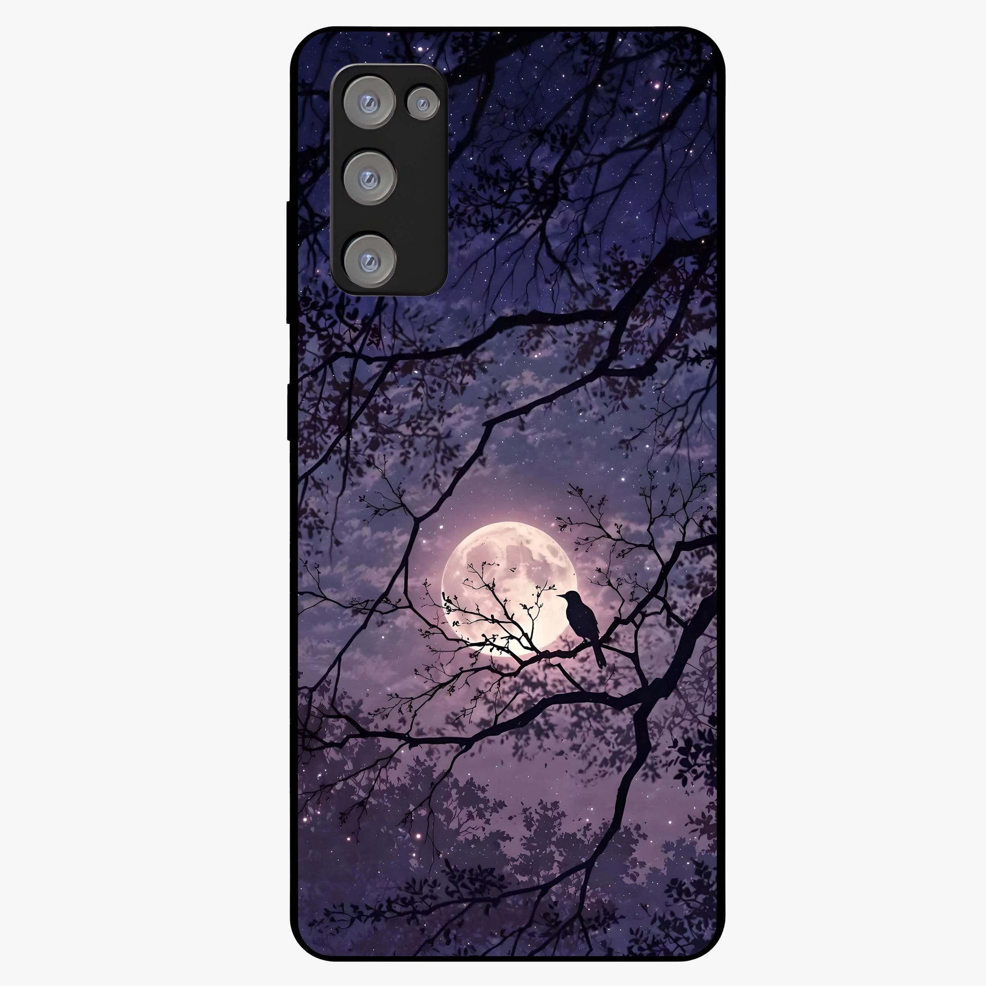 Whispering Moon Silence Glass Case showing flat back view with serene moon themed artwork and glossy glass finish.
