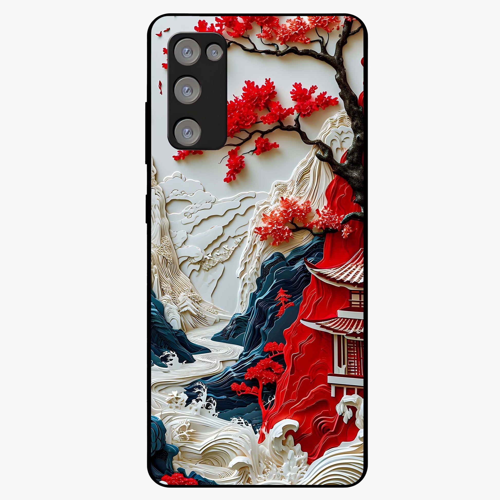 Whispers Of Sakura Waves Glass Case showing flat back view with cherry blossom wave artwork and glossy glass finish.