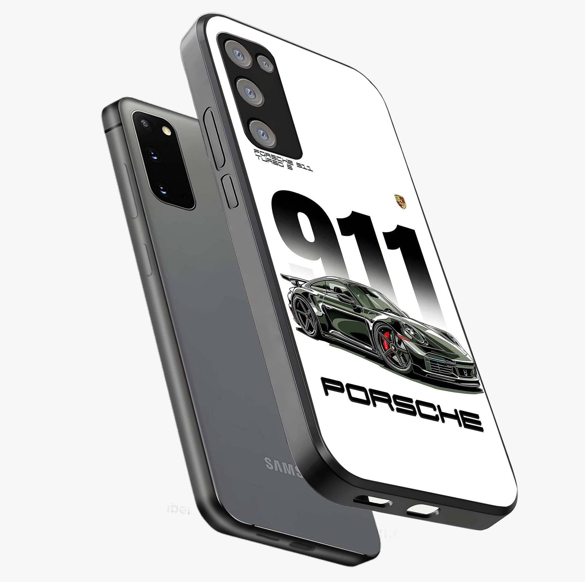 911 Turbo Dominance Glass Case displayed in premium angled mockup highlighting sporty car illustration and sleek glass surface.